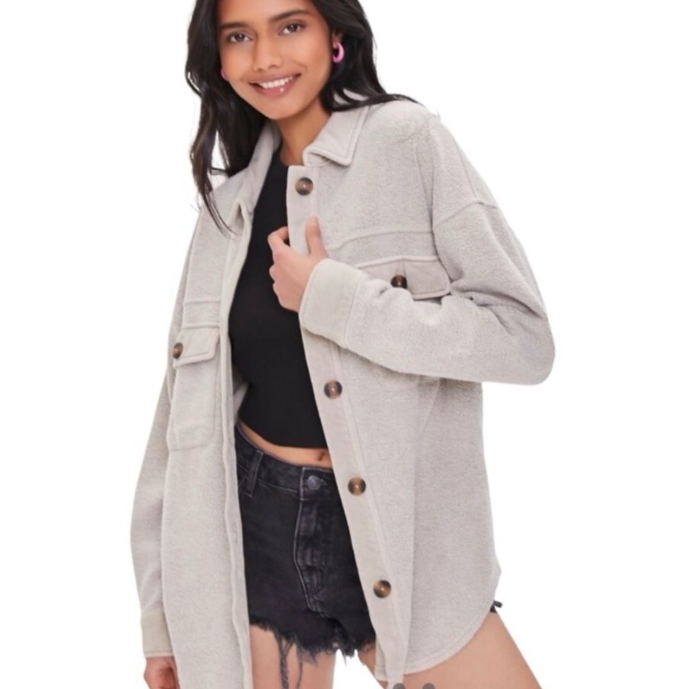 Forever 21 Fleece Button Down Jacket Shacket Taupe Size L
